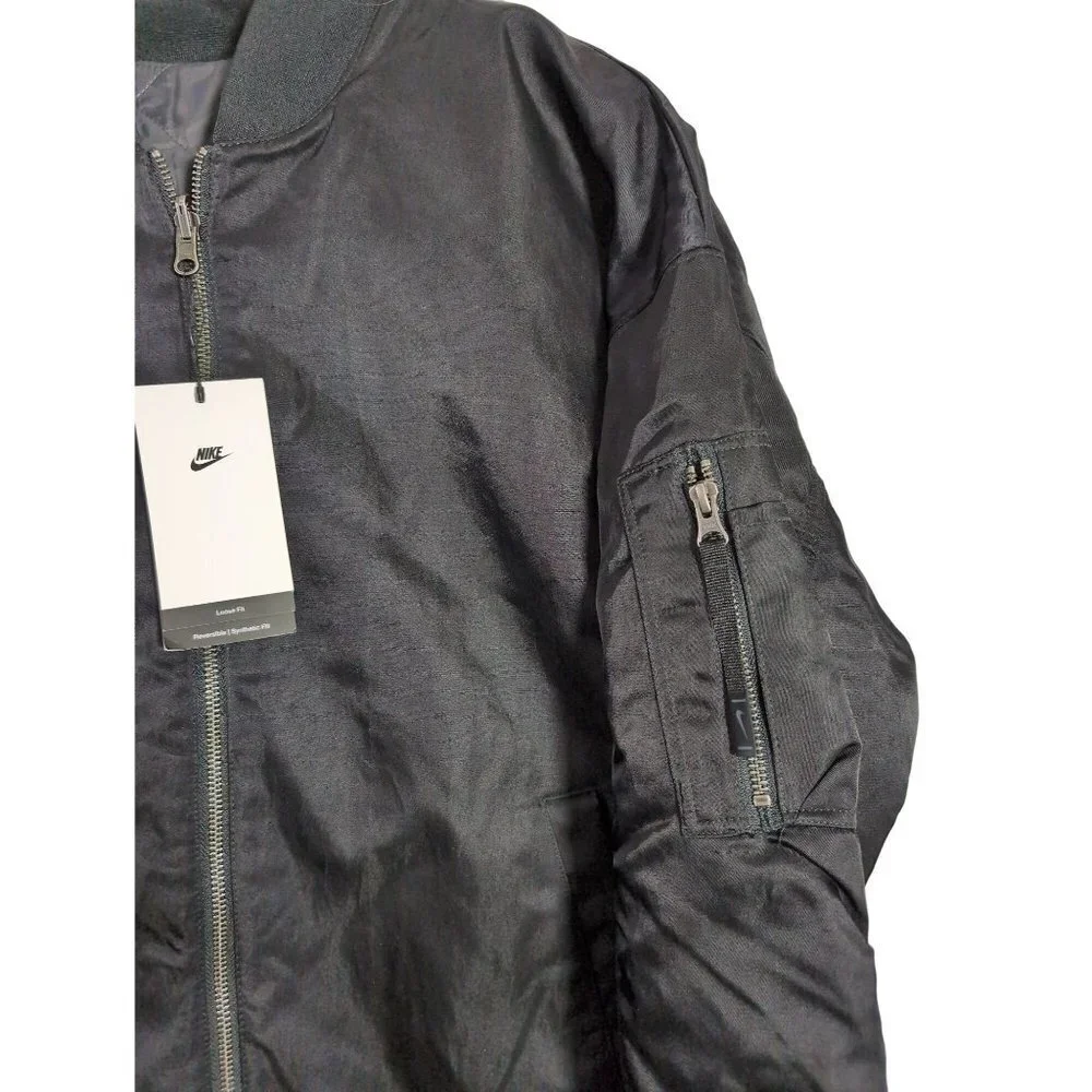 NIke Reversible Bomber Jacket Womens M‎ Black Loose Fit Full Zip